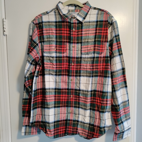 Old Navy flannel shirt plaid white green red winter warm Christmas Large NWT - Picture 2 of 11